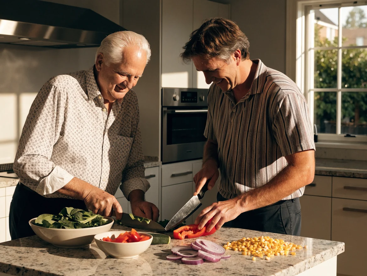 A support worker and an older man prepare vegetables together in a kitchen in late-afternoon light.