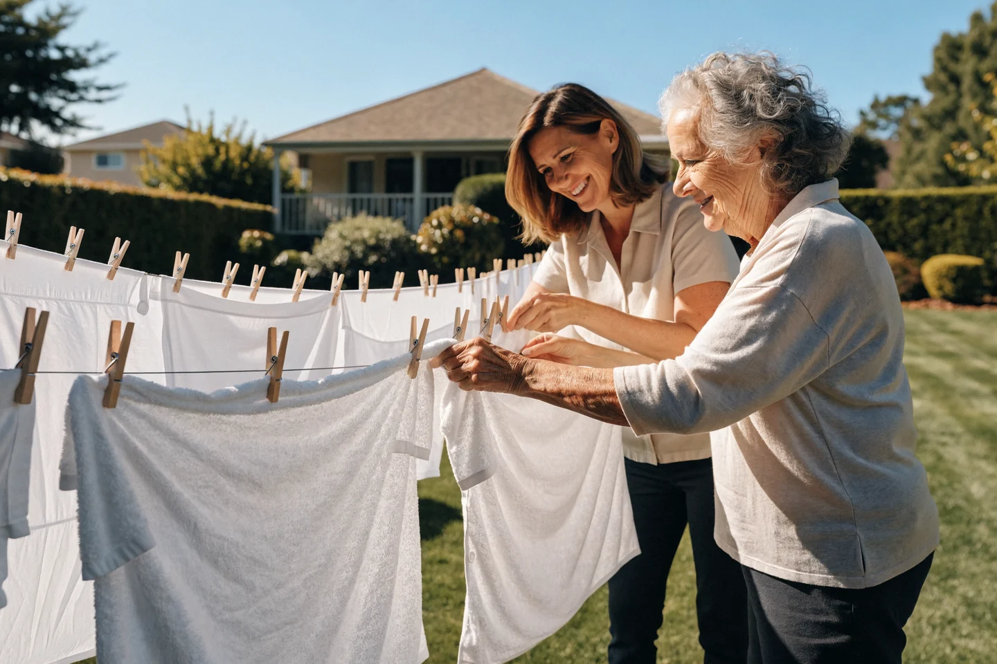 An older woman and a support worker laugh together while hanging washing on a backyard clothesline in the sunshine.