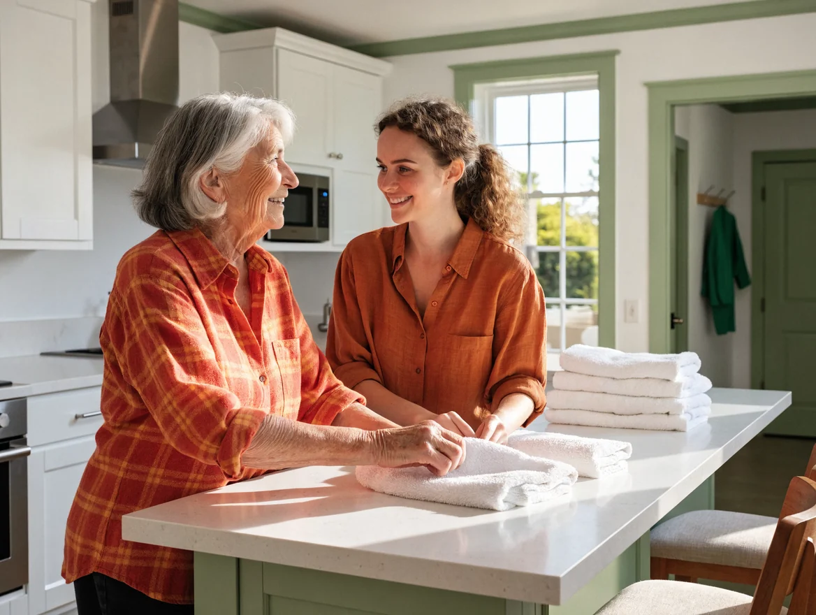 A support worker and an older woman fold laundry together at a kitchen bench.