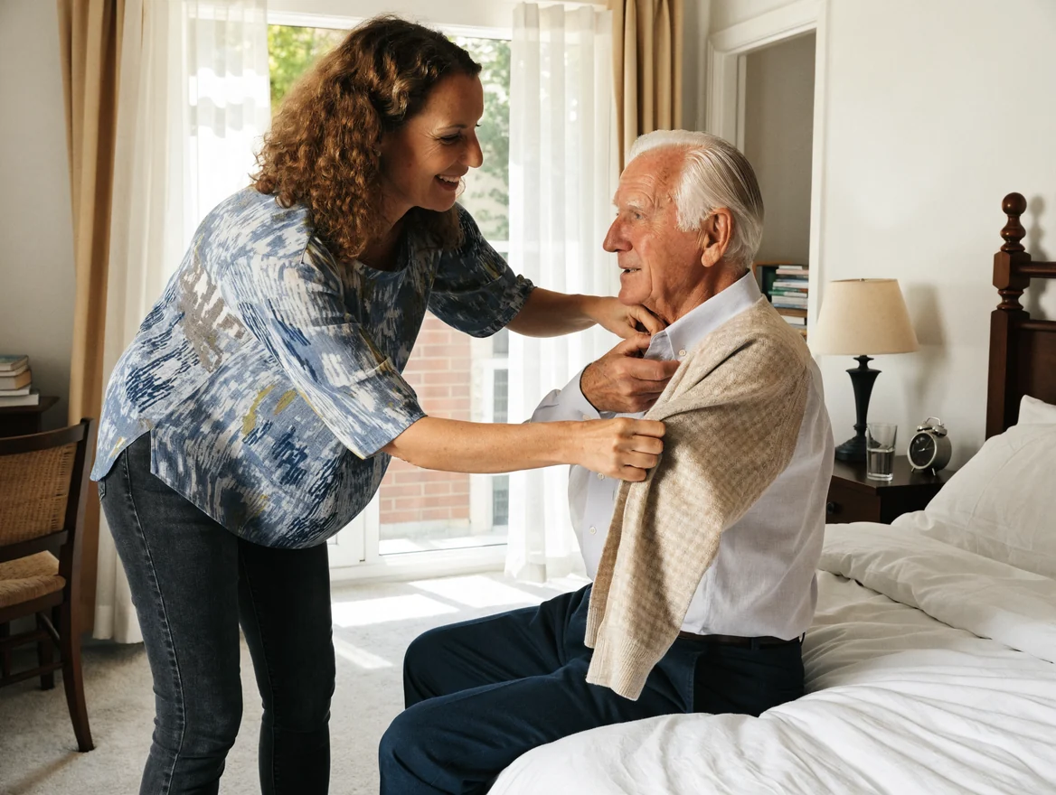 A support worker helps an older man into his cardigan as he sits on his bed in morning light.